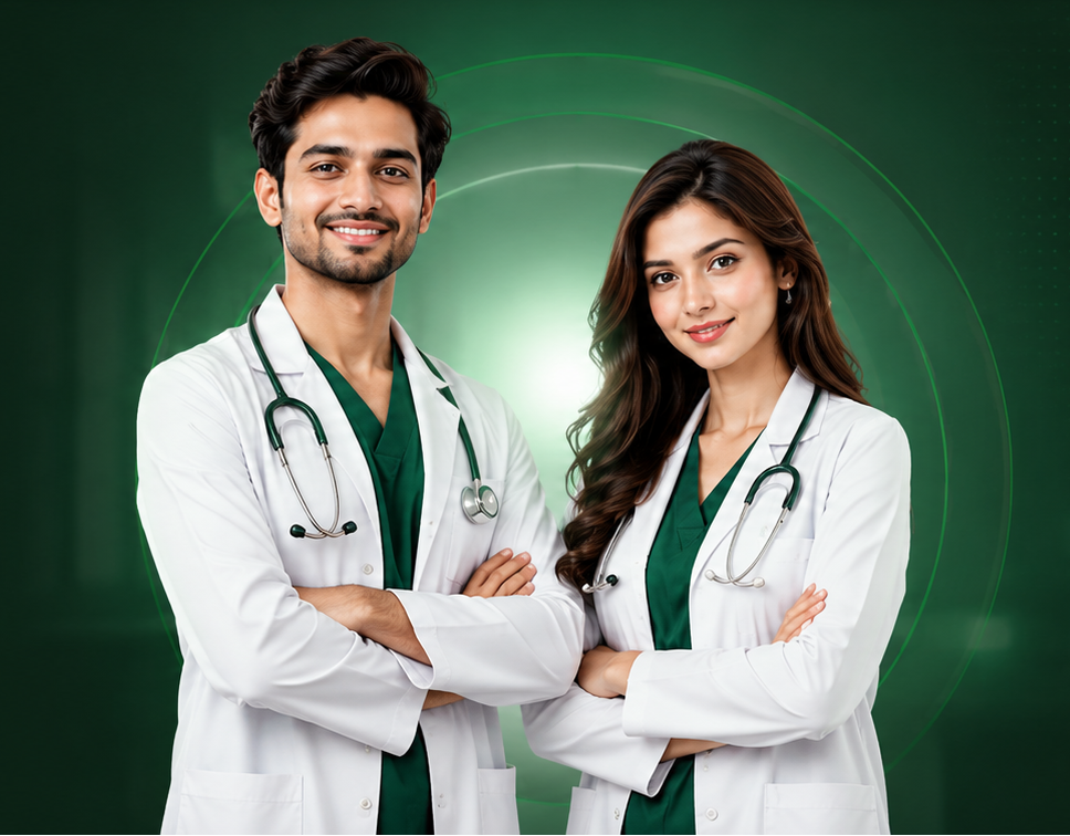 Two FMGE doctors in white coats